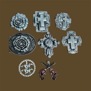 Silver and Red Western Belt Buckles and Gin Pendant 8 Pieces